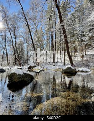 Le soleil éclate, éclairant de la neige fraîche tombée accrochée aux branches et aux rochers d'Oak Creek Canyon, Sedona, Arizona, réflexions, ciel bleu, ruisseau de baboure, merveilleux pays d'hiver Banque D'Images