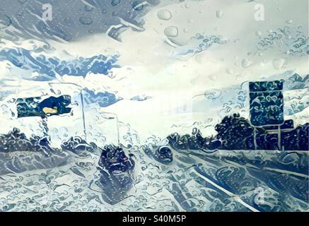 Le filtre d'art japonais, Ukiyoe, a été appliqué via l'application IOS GoArt à cette image de l'Utah d'un orage monsoonal tout en descendant une autoroute locale. Les éclaboussures, les gouttes de pluie et les vagues se combinent et = humide. Banque D'Images