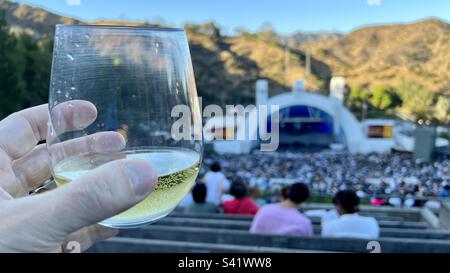 LOS ANGELES, CA, 2022 AOÛT : concentrez-vous sur la main en tenant un verre de plastique avec du vin blanc, avec un accent doux sur le public au Hollywood Bowl avant un concert en arrière-plan Banque D'Images