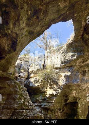 La lumière brille à travers les murs et le plafond de la grotte calcaire, avec des arbres et un ciel bleu au bord des grottes de Longhorn, partie du parc national du Texas Hill Country Banque D'Images