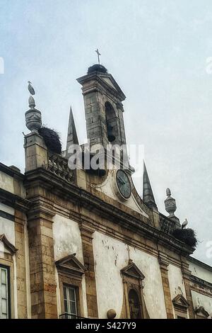 Trois nids et cigognes sur Arco da Vila, une porte médiévale à Faro, Algarve, Portugal - structure historique où les oiseaux sont protégés connu sous le nom de cegonha en portugais Banque D'Images