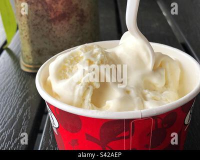 Glace à la vanille dans un bac à papier avec une cuillère en plastique Banque D'Images