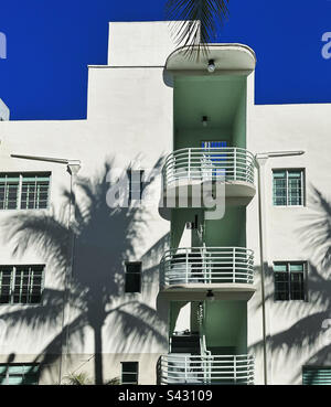 Ombre de palmiers sur le côté de l'hôtel Kimpton Surfcomber, South Beach, Miami Beach, Floride, États-Unis Banque D'Images