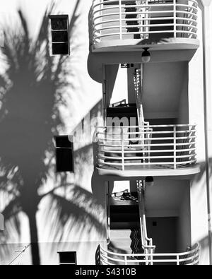 Ombres de palmiers sur le côté de l'hôtel Kimpton Surfcomber, South Beach, Miami Beach, Floride, États-Unis Banque D'Images