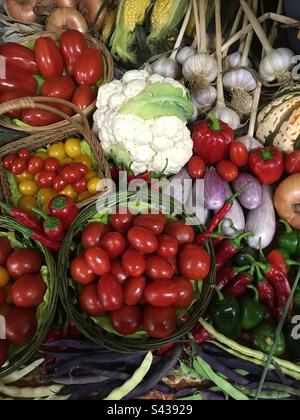 Belle exposition de légumes de jardin maison, avec maïs, poivrons, tomates, chou-fleur, ail, haricots, poivrons, aubergine dans différents paniers. Thème de la moisson. Banque D'Images