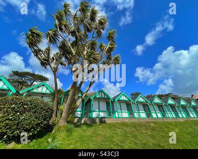 Cabanes de palmiers et de plage à Langland Bay, Swansea, Gower, sud-ouest du pays de Galles. Banque D'Images
