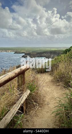 Vue sur un sentier de randonnée au bord des falaises sur une île des Caraïbes. Photo prise en Guadeloupe en janvier 2023 Banque D'Images