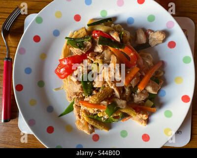 Repas maison de poulet sauté et de légumes mélangés avec des nouilles aux œufs sur une assiette vue d'en haut. Banque D'Images