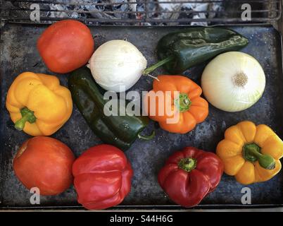 Tomates rouges, oignons, poivrons jaunes, orange et rouges prêts à être grillés à Queretaro, Mexique Banque D'Images