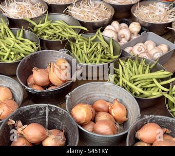 Seaux ou casseroles en métal avec des portions de légumes différents offerts à la vente dans un marché de rue hollandais Banque D'Images