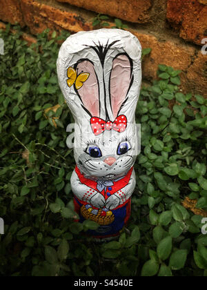 Lapin de Pâques au chocolat caché dans le jardin Banque D'Images