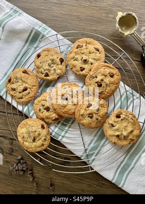 Cookies aux pépites de chocolat sur une grille de refroidissement en fil métallique Banque D'Images