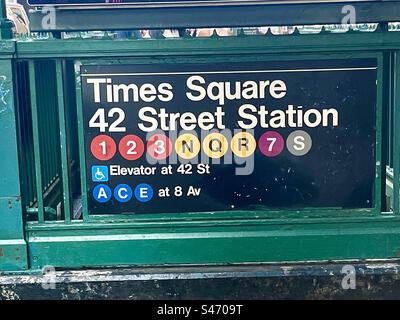 Panneau à l'entrée du métro pour la station Times Square à New York, États-Unis Banque D'Images