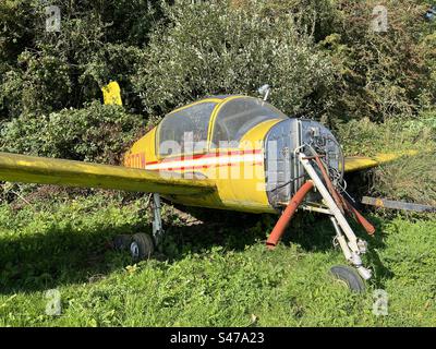 Morane Saulnier Rallye 180t avion de remorquage de planeur abandonné, envahi de végétation. Le moteur est manquant. G-BTOW. Banque D'Images