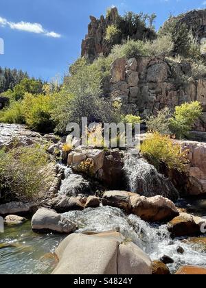 East Verde River rencontre Ellison Creek, Water Wheel Falls Trail, roches de granit rose, feuilles de début d'automne, ciel bleu vif, Payson, Arizona Banque D'Images