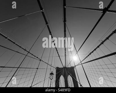 Support de voûte plantaire et câbles de suspension du pont de Brooklyn en silhouette contre le soleil. Avec la lampe et le soleil lumineux rétro-éclairant le motif des câbles de suspension Banque D'Images