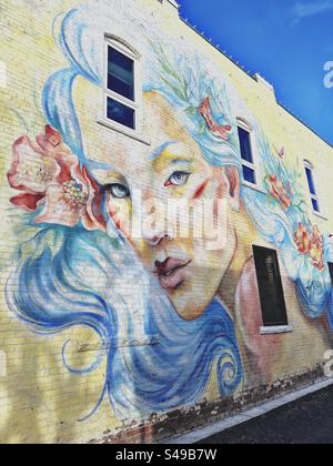 Loveland, Colorado, États-Unis : murale avec visage féminin. Femme colorée et belle avec des fleurs dans les cheveux bleus. Fenêtres à l'extérieur du bâtiment peint jaune. Banque D'Images