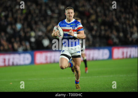 Hull, Royaume-Uni. , . 15 mars 2019. KCOM Stadium, Hull, Angleterre ; Rugby League Super League Betfred, Hull FC vs Wakefield Trinity ; Wakefield TrinityÕs Ryan Hampshire dans le plein débit marquant une longue série d'essayer. Credit : Dean Williams/Alamy Live News Banque D'Images