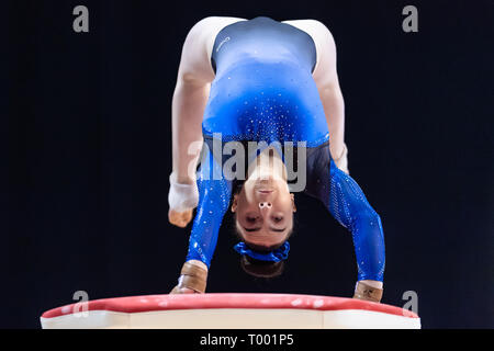 Liverpool, Royaume-Uni. 16 mars, 2019. Ellie Russell (West Lothian) artistique effectue dans la haute voûte Femmes Concours général au cours de la gymnastique 2019 Championnats britanniques à M&S Bank Arena le Samedi, 16 mars 2019. LIVERPOOL EN ANGLETERRE. (Usage éditorial uniquement, licence requise pour un usage commercial. Aucune utilisation de pari, de jeux ou d'un seul club/ligue/dvd publications.) Crédit : Taka G Wu/Alamy News Banque D'Images