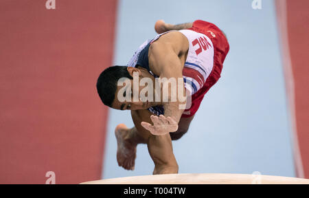 Stuttgart, Allemagne. Mar 16, 2019. La gymnastique, la Coupe du monde : le tout autour, des hommes dans la Porsche Arena. Akash Modi de l'USA est en train de faire le saut. Credit : Marijan Murat/dpa/Alamy Live News Banque D'Images