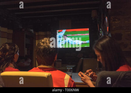 Llansaint,Carmarthenshire, Pays de Galles, Royaume-Uni. 16 mars 2019. Le Club de Football de Swansea et obtenir un score de mort v Manchester City en FA Cup Trimestre Final.Sur un écran de télévision dans le Kings Arms pub public,maison,en,Center,de,village de Llansaint,Carmarthenshire, Pays de Galles, Royaume-Uni. Llansaint est un milieu rural,campagne,village, près de Llanelli, et Swansea est l'équipe de football principaux les plus proches de la région.Bon nombre des fans de rugby Gallois dans cette région, puis a continué à soutenir l'équipe de football de Swansea. Après avoir remporté le Grand Chelem de rugby, un rêve de résultats sportifs...Swansea 2-0 maintenant... Crédit : Paul Quayle/Alamy Live News Banque D'Images