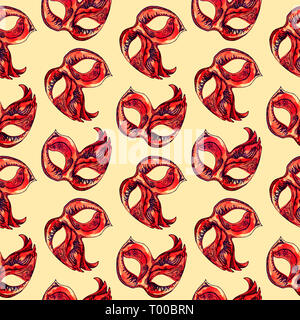 Masque de carnaval rouge et bleu foncé ornement, peinte à l'aquarelle illustration sur fond jaune doux, direct pattern design Banque D'Images