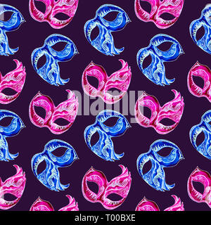 Masque de carnaval rose et bleu avec ornement bleu foncé, peinte à l'aquarelle illustration sur fond bleu foncé, uniforme pattern design Banque D'Images