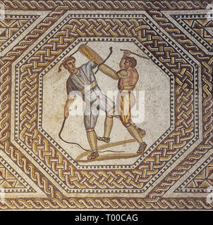 Editorial : NENNIG, Saarland, Allemagne, Septembre 2, 2018 - deux combats de gladiateurs avec un fouet et un club représenté dans la villa romaine de Nennig Banque D'Images