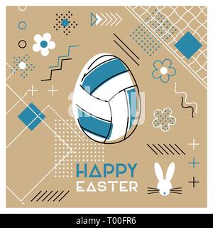 Joyeuses Pâques. Carte de souhaits avec œuf de Pâques comme un ballon de volley-ball. Résumé Memphis design. Vector illustration. Illustration de Vecteur