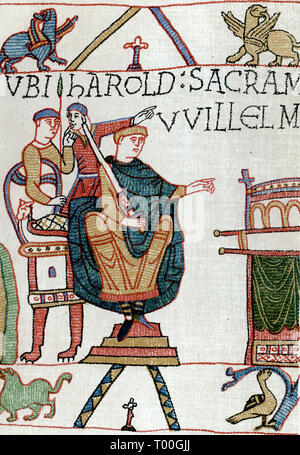 William recevant Harold's serment. HAROLD SACRAMENTUM FECIT VVILLELMO DUCI (Harold a fait un serment à Duke William). Cette scène s'est déroulée à Bagia (Bayeux, probablement dans la cathédrale de Bayeux). La Tapisserie de Bayeux est un tissu brodé mesurant environ 70 mètres (230 pi) de long et de 50 centimètres (20 pouces) de hauteur. Il décrit les événements qui ont mené à la conquête de l'Angleterre Concernant William, duc de Normandie, et Harold, comte de Wessex, plus tard le roi d'Angleterre, et aboutissant à la bataille de Hastings. Banque D'Images