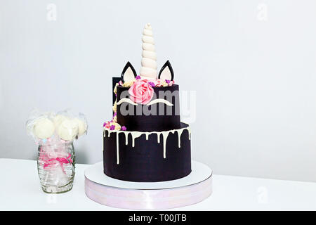 Tour de gâteau à deux niveaux sous la forme d'une licorne sur fond blanc Banque D'Images