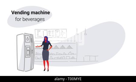 Businesswoman prenant de boissons distributeur d'eau girl using vending machine grande épicerie super moderne centre commercial marché croquis d'intérieur Illustration de Vecteur