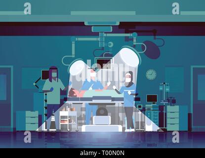 L'équipe de chirurgiens arabes entourant patient couché sur la table d'opération avec les lampes les rayons de lumière au cours de l'intervention médicale avec les travailleurs arabes dans l'équipement Illustration de Vecteur