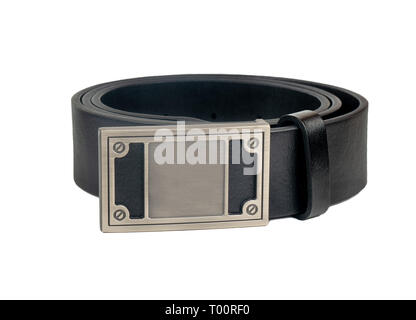 Mens cuir ceinture avec plaque sur fond blanc Banque D'Images