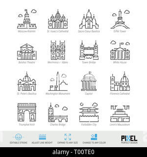 Définir l'icône de la ligne. Sites touristiques monde linéaire connexe d'icônes. Repères anciens symboles, pictogrammes, signes. Pixel design parfait. Avc. modifiable Régler l'épaisseur de ligne. Banque D'Images