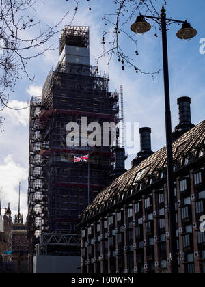 Westminster, London, UK. Le 14 mars 2019. L'Elizabeth tower et Big Ben clock au cours de travaux de conservation. Banque D'Images