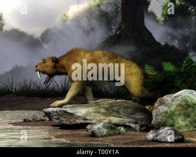 Un smilodon porte ses dents de sabre méchants. L'animal aujourd'hui disparu se dresse sur un rocher par un étang dans une ère pléistocène foreat. Banque D'Images