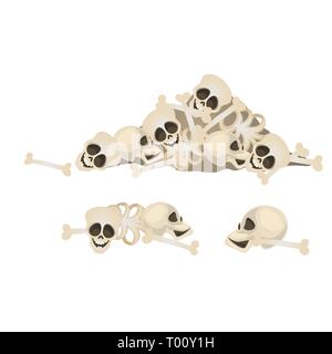 Série de crânes humains et des os gisant dans un amas isolé sur fond blanc. Les attributs de la terrible maison de célébration de l'Halloween de tous les maux Illustration de Vecteur