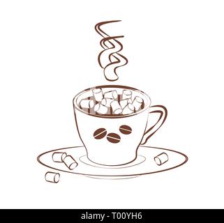 Tasse café ou cacao avec de petites guimauves et une soucoupe sur un fond blanc. logo emblème de contour. Pour une boisson parfumée vecteur café confortable chambre. Sex Illustration de Vecteur