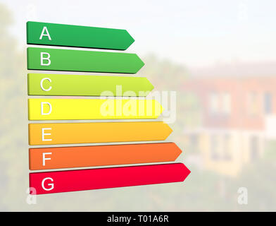 Nouveau 2019 l'étiquette de classification de l'efficacité énergétique de l'Europe avec des classes de A à G en face de l'arrière-plan de construction Banque D'Images