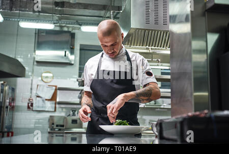 Concentré au travail. Portrait of handsome chef professionnel en tablier noir de garnir son plat sur la plaque tout en travaillant dans une cuisine de restaurant. La décoration de l'alimentation. Service. Concept de cuisine Banque D'Images