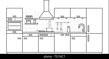 Cuisine moderne d'art de la ligne de l'intérieur avec illustration vectorielle mur carrelé et d''ustensiles de cuisine Illustration de Vecteur