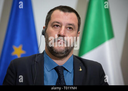 Vice-premier ministre d'Italie Matteo Salvini durant la conférence de presse avec le Ministre polonais de l'intérieur Joachim Brudzinski au ministère de l'Intérieur à Varsovie, en Pologne le 9 janvier 2019 Banque D'Images