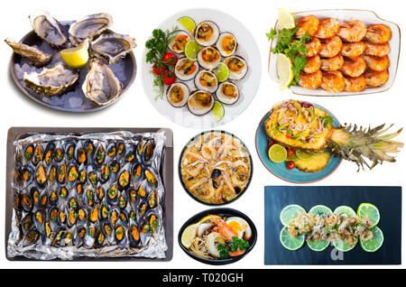 Ensemble de divers plats de fruits de mer isolé sur fond blanc Banque D'Images