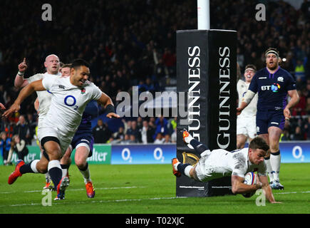 Londres, Royaume-Uni. Mar 16, 2019. George Ford d'Angleterre marque un essai au cours de la Guinness match des Six Nations entre l'Angleterre et l'Écosse au stade de Twickenham. Credit : European Sports Agence photographique/Alamy Live News Banque D'Images