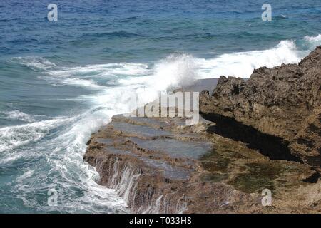 Coral Rock scène avec jets d'eau à partir de l'ondes furieux contre fringant sur une plage rocheuse Banque D'Images