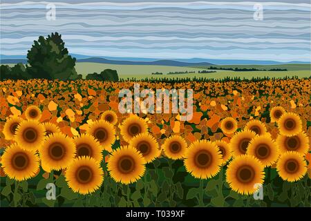 Champ de tournesols lumineux avec des buissons, arbres et ciel bleu vector illustration Illustration de Vecteur