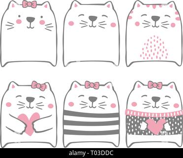 Jeu de cute funny cats isolé sur blanc. modern style dessiné à la main. design pour bébé et enfant Illustration de Vecteur