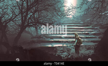 Man climbing escaliers en pierre dans la mystérieuse forêt, art numérique, peinture style illustration Banque D'Images