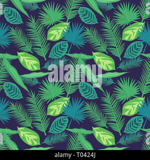 Motif transparent tropical lumineux néon avec des feuilles de palmier et de prière sur backgrund bleu foncé Banque D'Images